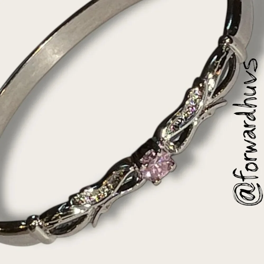 Silver-Plated Hinged Bracelet – Pink Cubic Zirconia - Ornate Center Pattern
